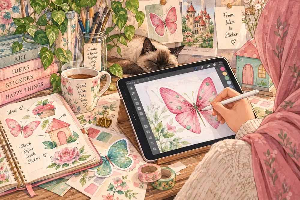 Illustration of a sleeping Siamese cat beside an iPad showing a pink butterfly design