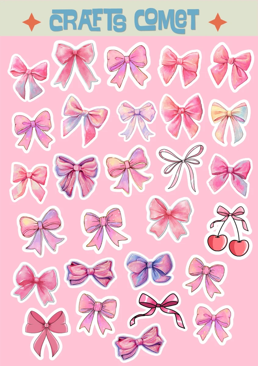 Bow Bliss A5 sticker sheet: pink and lilac bows with cherries