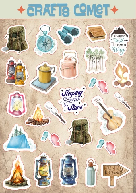 Campfire Tales A5 sticker sheet: camping lanterns, tents, a campfire and a guitar