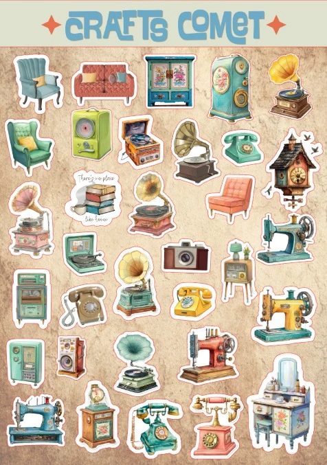 Classic Comfort A5 sticker sheet: vintage armchairs, gramophones, telephones and sewing machines