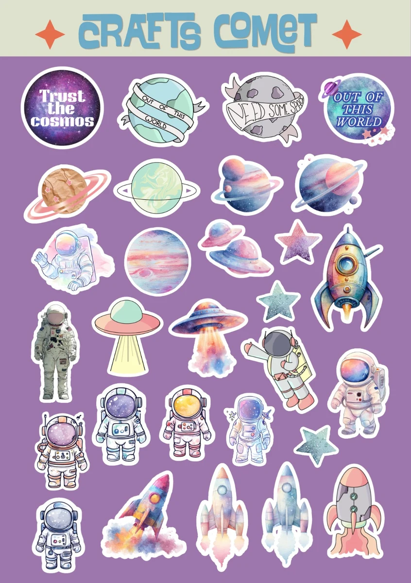 Cosmic Dreams A5 sticker sheet: planets, astronauts, rockets and a UFO