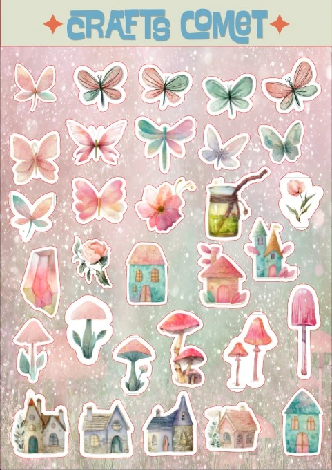 Fairy Flutter A5 sticker sheet: butterflies, mushrooms, flowers and little cottages