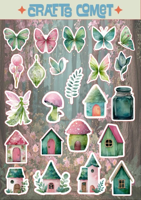 Fairy Homes A5 sticker sheet: fairy houses, mushrooms, butterflies and glass jars