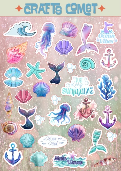 Mermaid Magic A5 sticker sheet: seashells, jellyfish, mermaid tails and anchors
