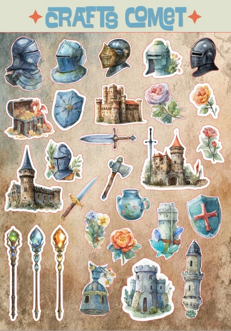 Runes & Relics A5 sticker sheet: knights' helmets, castles, swords and magic staffs