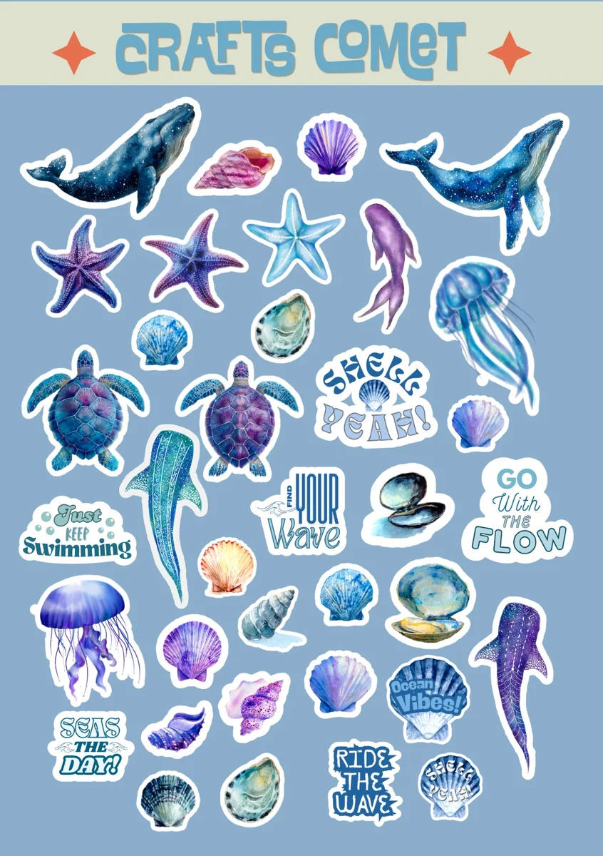 Sea Breeze A5 sticker sheet: whales, sea turtles, jellyfish, starfish and shells