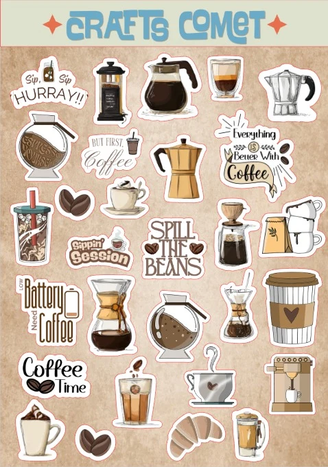 Coffee Time A5 sticker sheet: coffee pots, cups, beans and a croissant